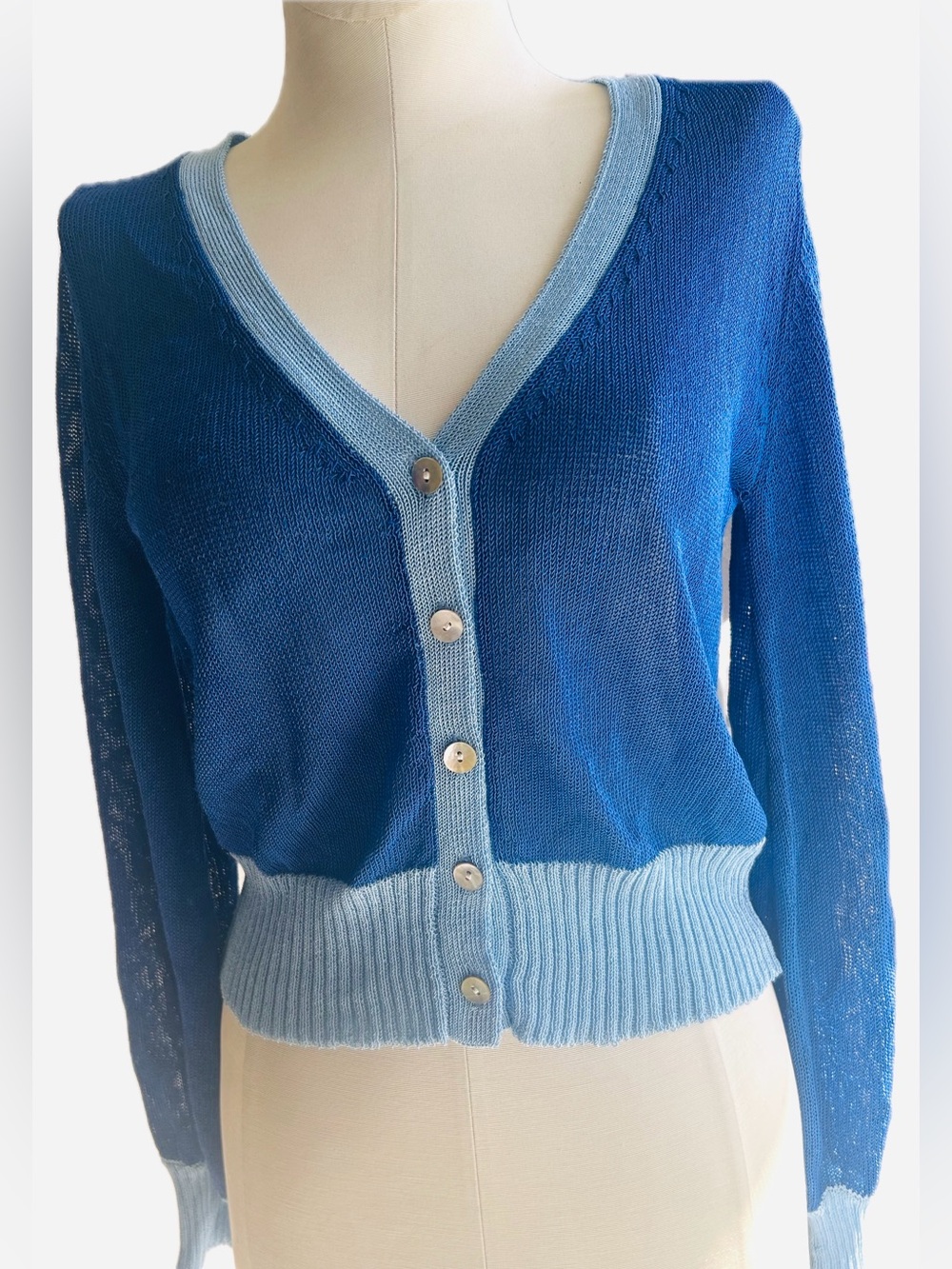 Jumper 1234 Blue Wedgewood Two-Tone V‑Neck Button Cardigan Sweater NWT
